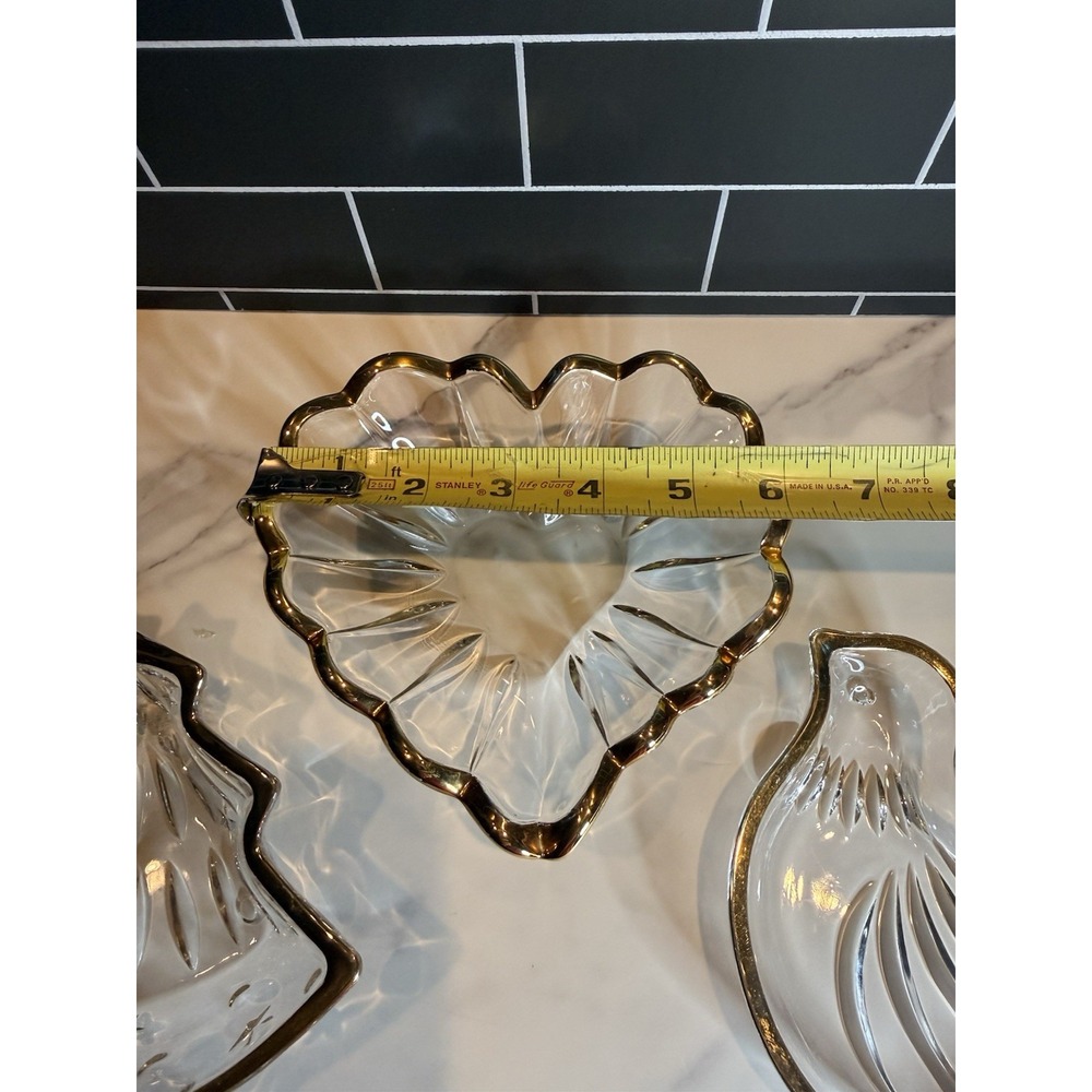 Vintage Gold Trim Glass Christmas Dishes Heart Dove Tree Set of 3 Holida - Picture 6 of 10